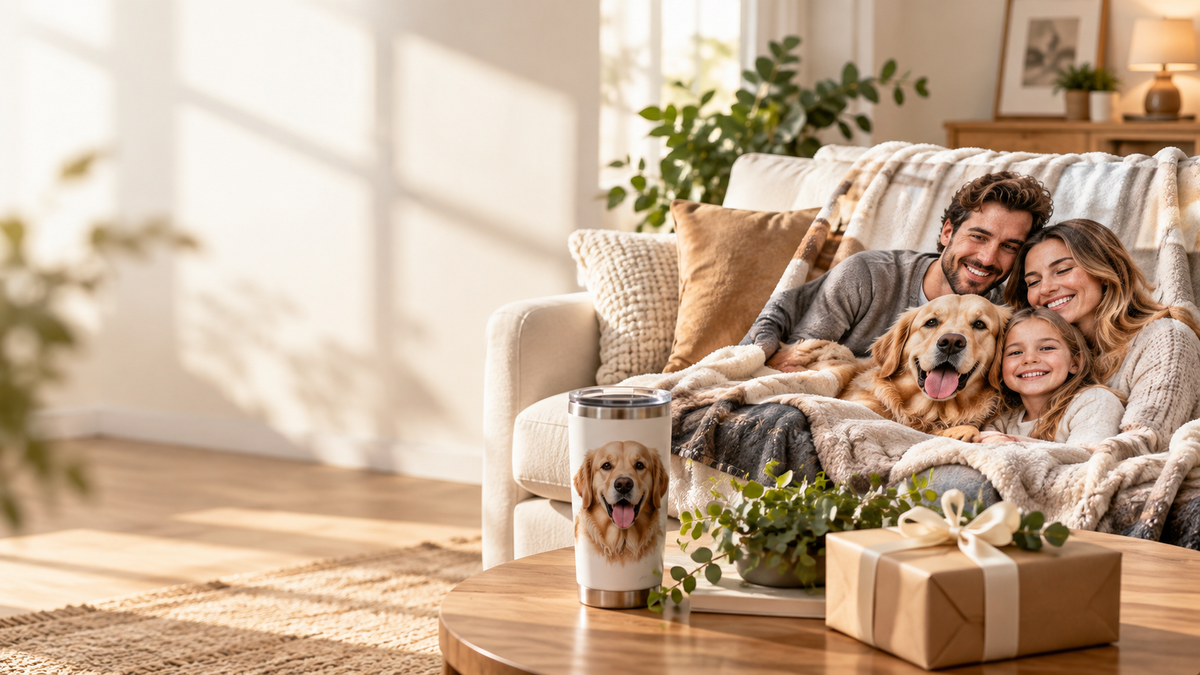 Personalized blanket and tumbler lifestyle scene in a warm living room